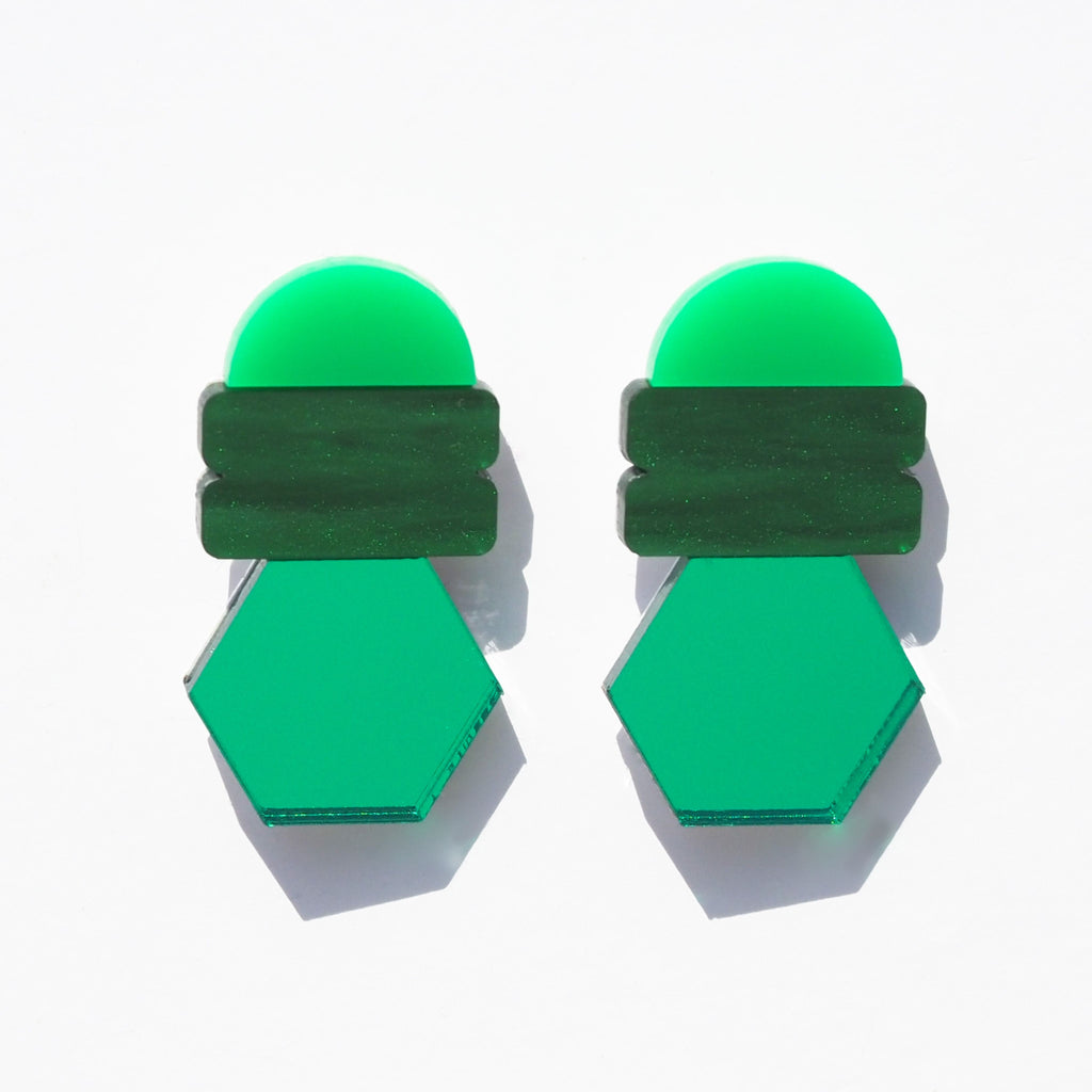 Lena Earrings // green, emerald and green mirror