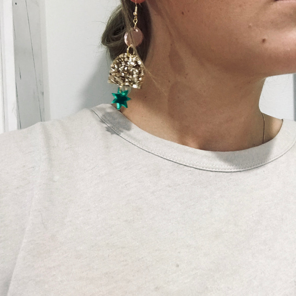 Alexa Earrings // rose mirror, chunky gold, green