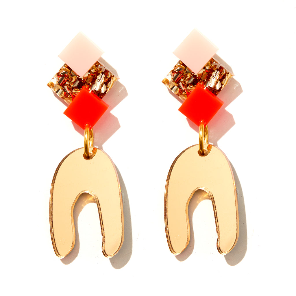 Goldie Earrings // Neon Red, Pale Pink + Gold