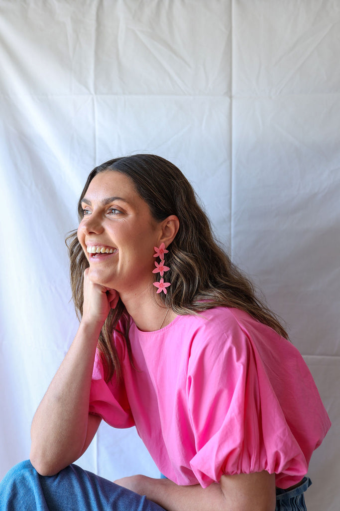 Frans Trio Earrings // Bright Pink with Red