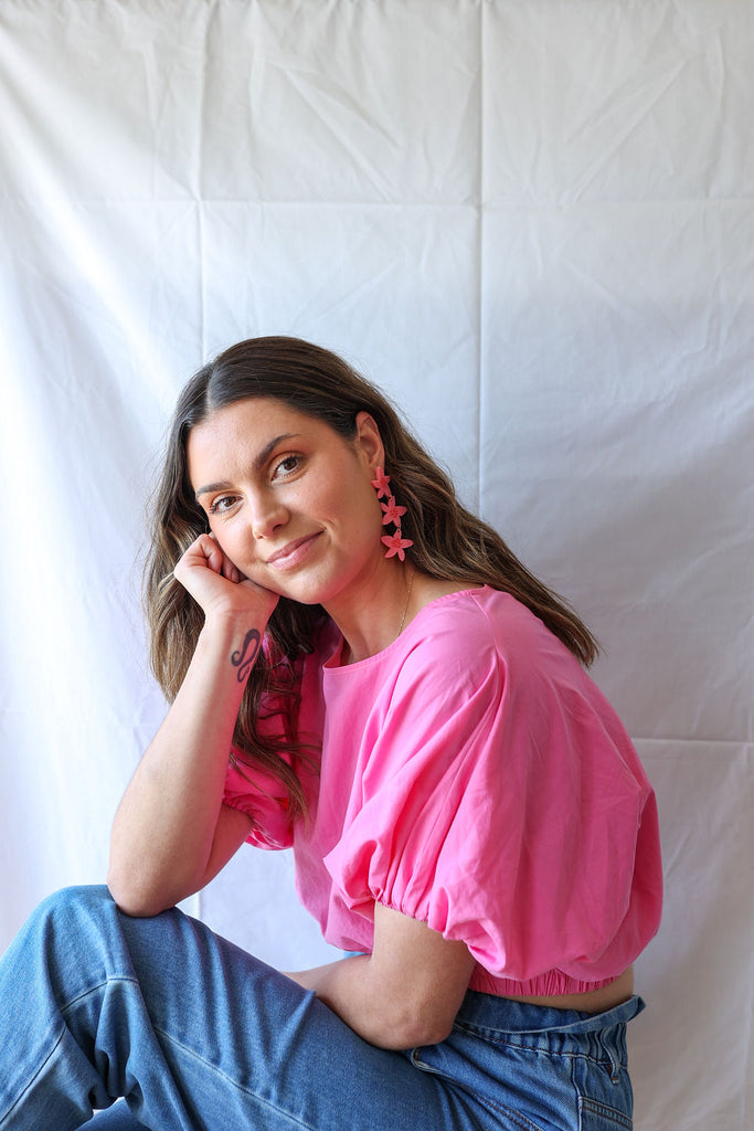 Frans Trio Earrings // Bright Pink with Red