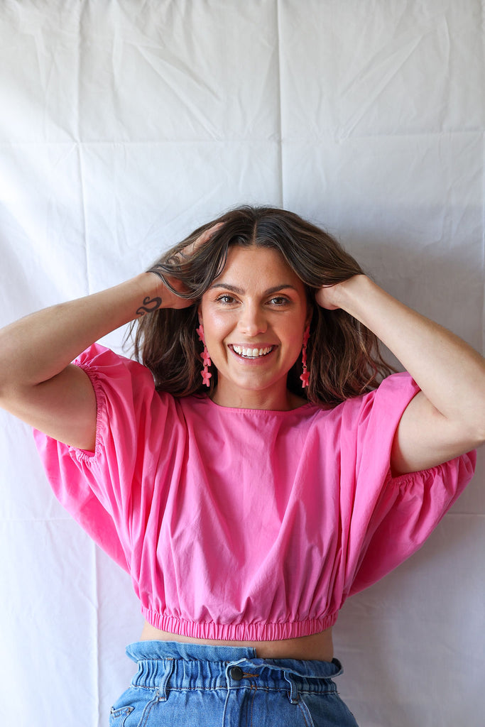 Frans Trio Earrings // Bright Pink with Red