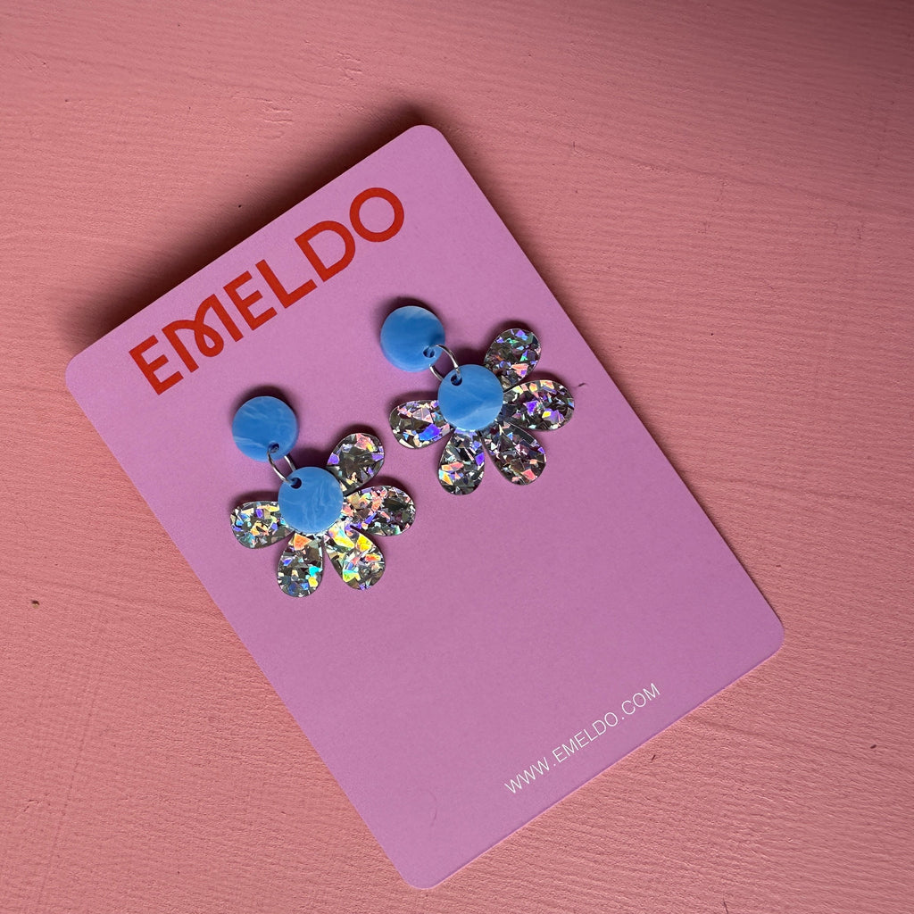 Posey Earrings // holographic silver with baby blue marle
