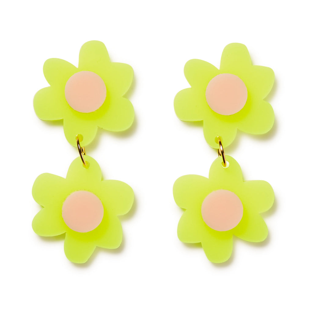 Jolene double flowers Earrings // Neon Yellow with Pale Pink