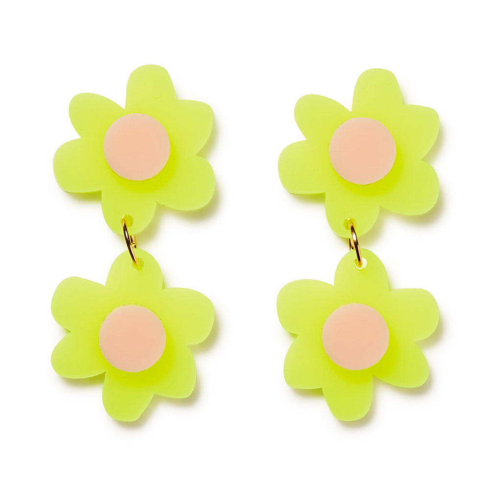 Jolene double flowers Earrings // Neon Yellow with Pale Pink