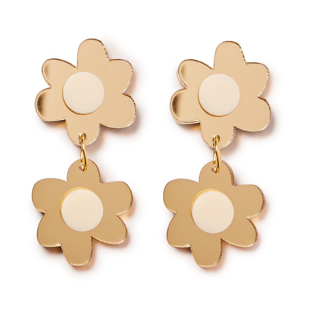 Jolene double flowers Earrings // Gold Mirror with Cream