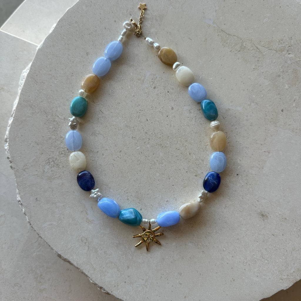 One off sun pendant necklace  // blues and greens with pearls