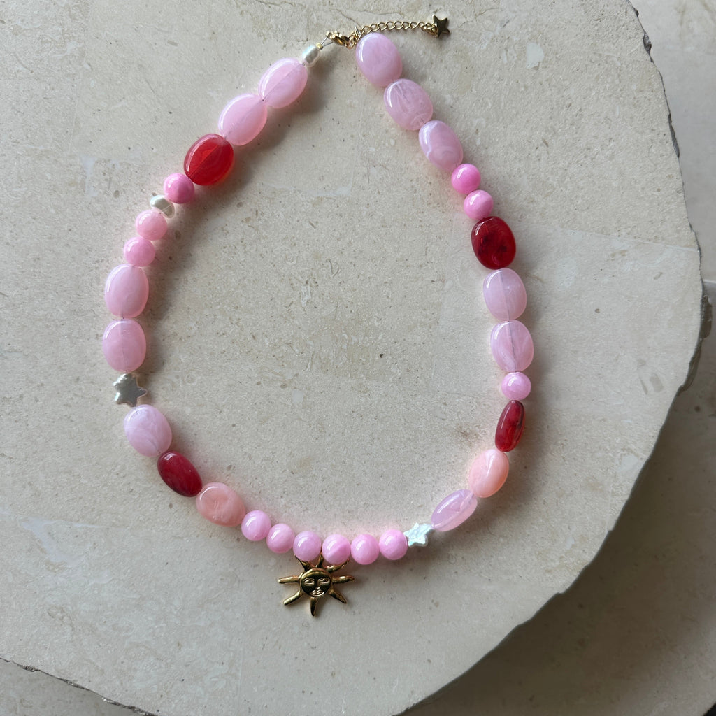 One off sun pendant necklace  // pinks and red with pearls