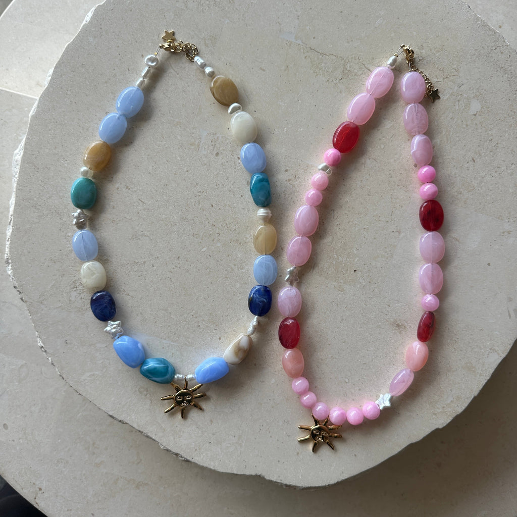 One off sun pendant necklace  // blues and greens with pearls