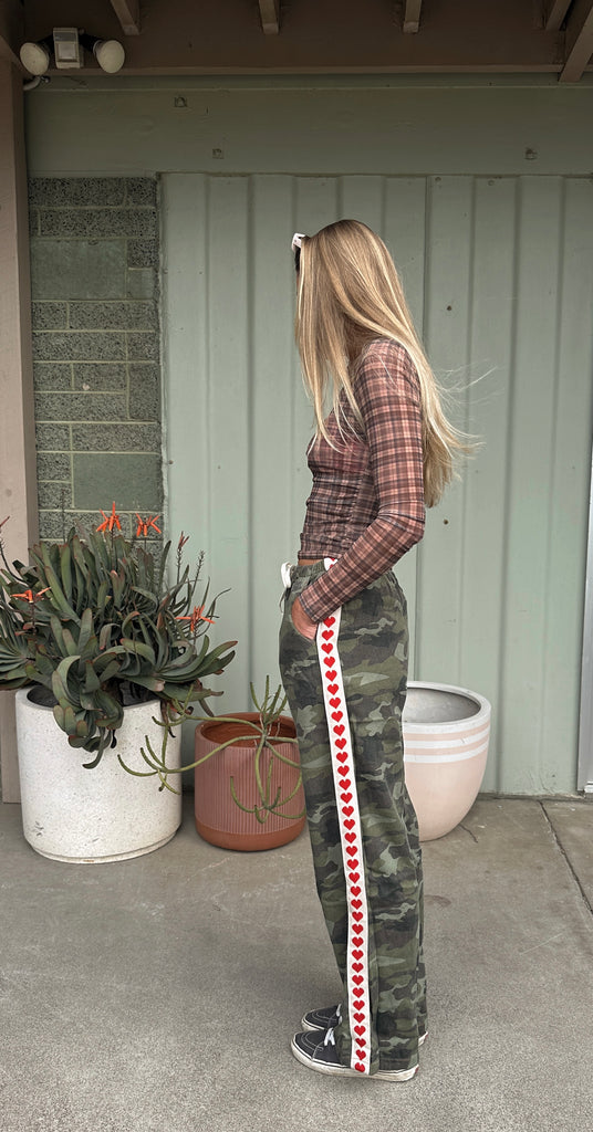 Camo heart raced pants // camo with red stripe and hearts By Frankie