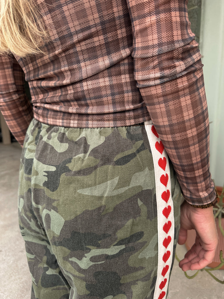 Camo heart raced pants // camo with red stripe and hearts By Frankie