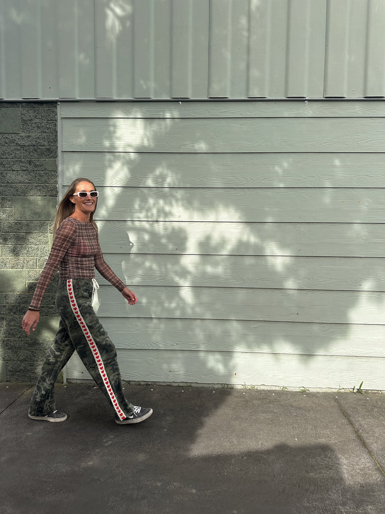 Camo heart raced pants // camo with red stripe and hearts By Frankie
