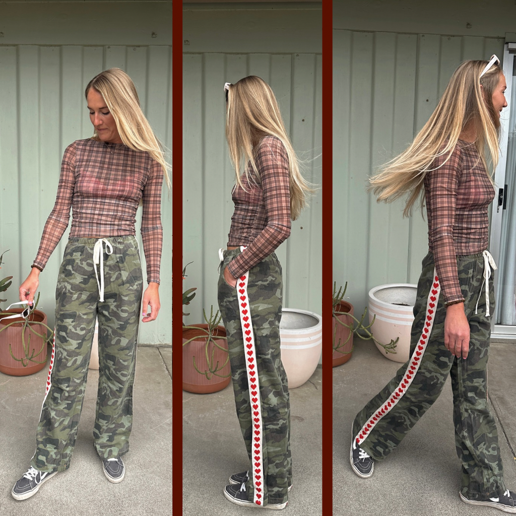 Camo heart raced pants // camo with red stripe and hearts By Frankie