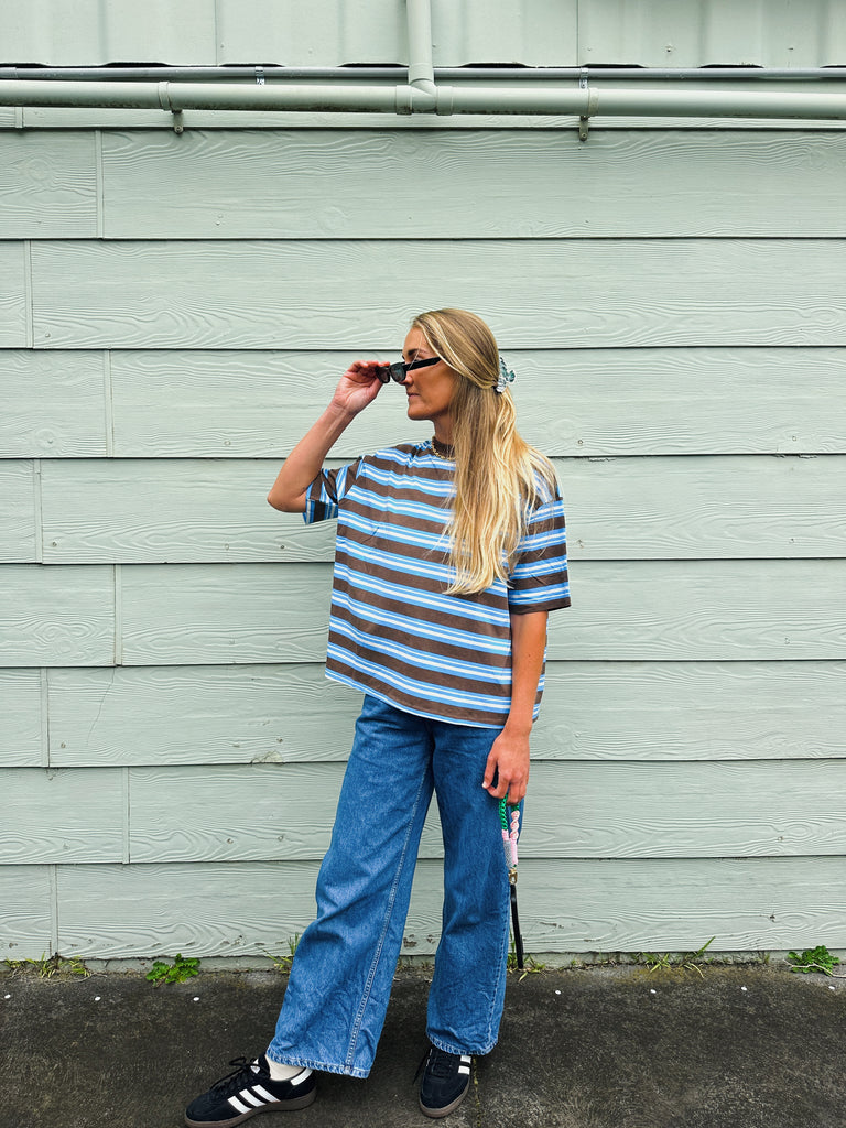 By Frankie Billie Blue + Brown Striped Tee