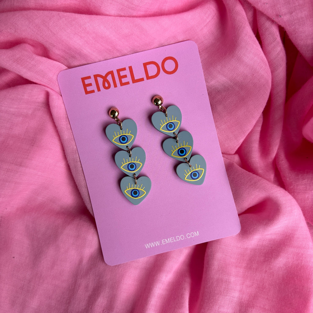Evil Eye Heart Earrings // Grey, Yellow, Blue