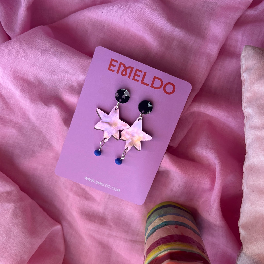 Trinny Earrings // Black and white, Pink Mirror and Blue Bead