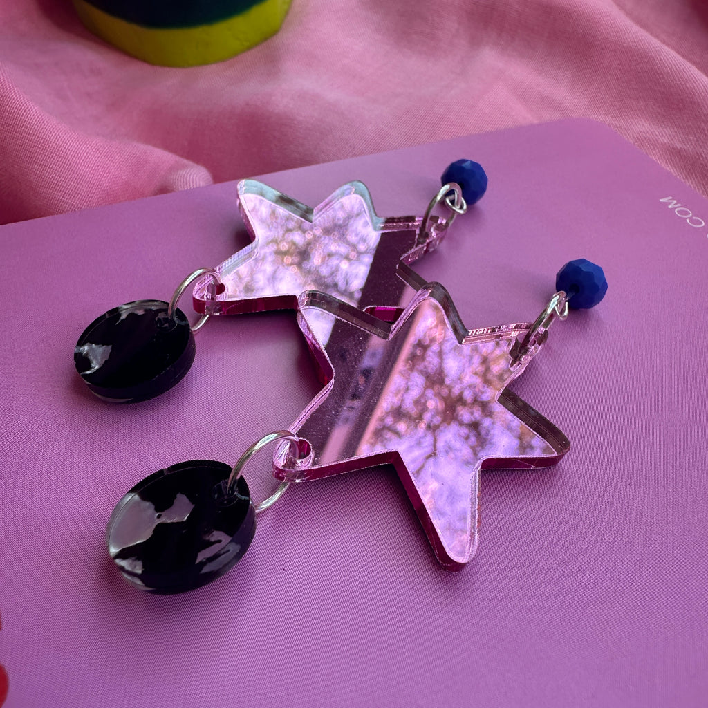 Trinny Earrings // Black and white, Pink Mirror and Blue Bead