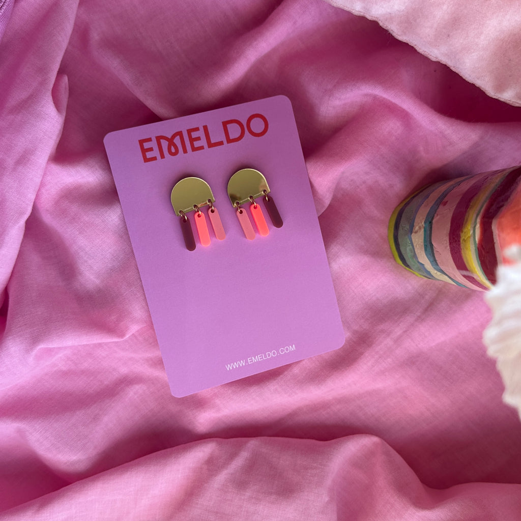 Pascal Earrings // Gold mirror with pink dangles
