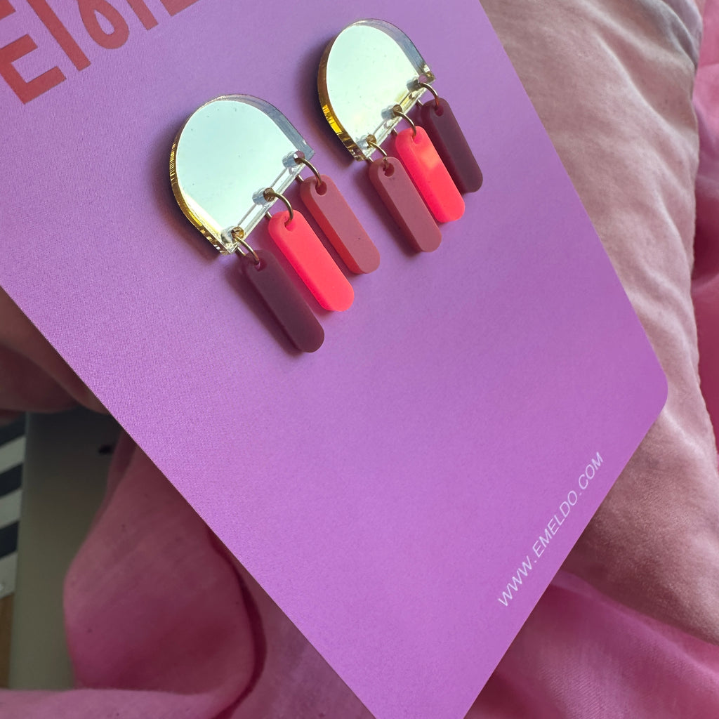 Pascal Earrings // Gold mirror with pink dangles
