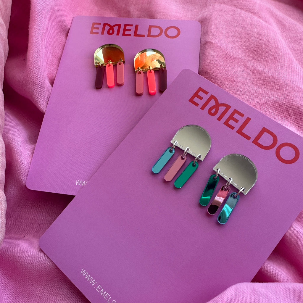 Pascal Earrings // Silver Mirror with Pink, Green + Blue mirror dangles