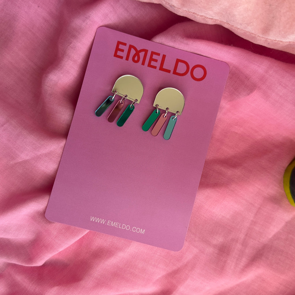 Pascal Earrings // Silver Mirror with Pink, Green + Blue mirror dangles