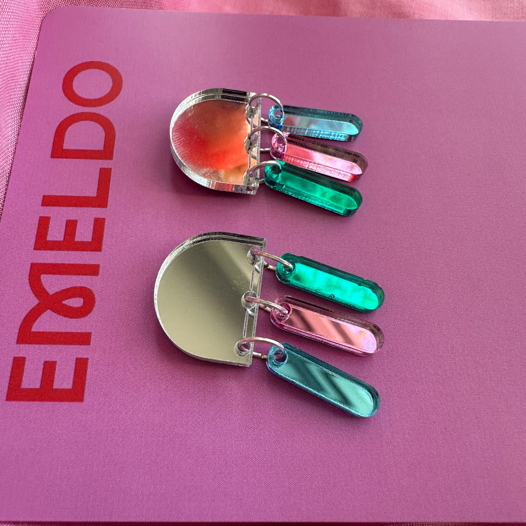 Pascal Earrings // Silver Mirror with Pink, Green + Blue mirror dangles