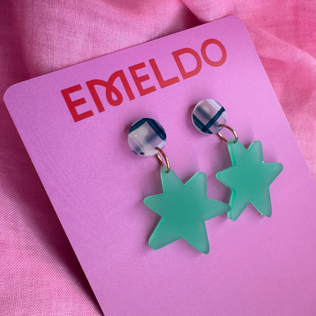 Sully Earrings // blue plaid with bright frosted green stars
