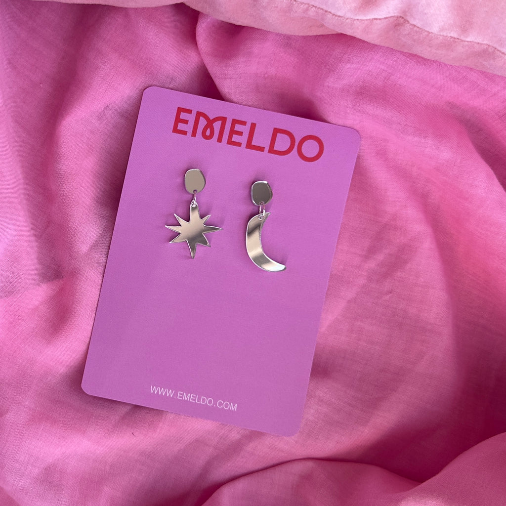 Moon + Star Mis Matched Silver Mirror Earrings