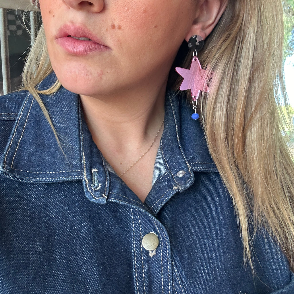 Trinny Earrings // Black and white, Pink Mirror and Blue Bead
