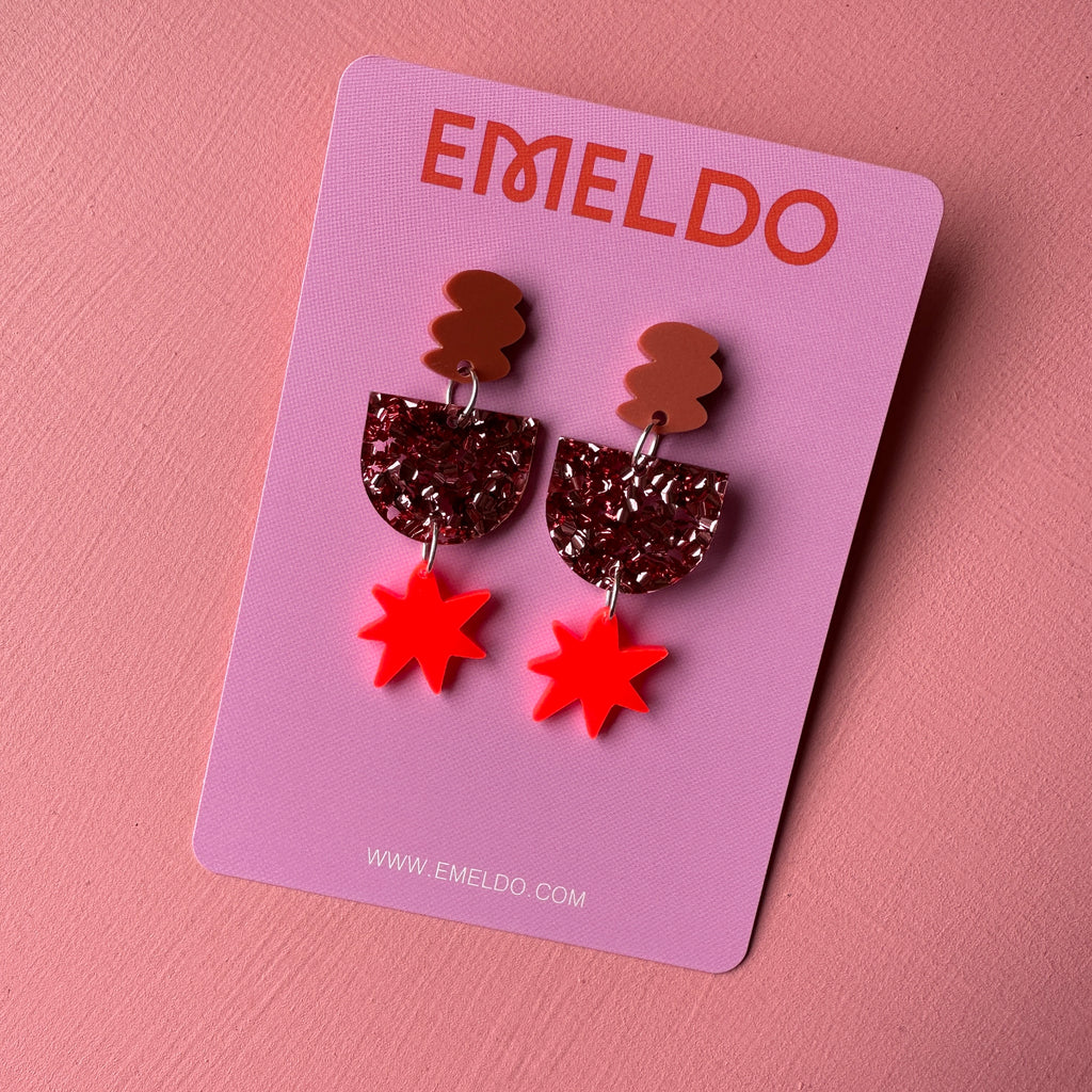Fenella Festive Earrings // Burnt Red, Rose Glitter and Neon red starburst