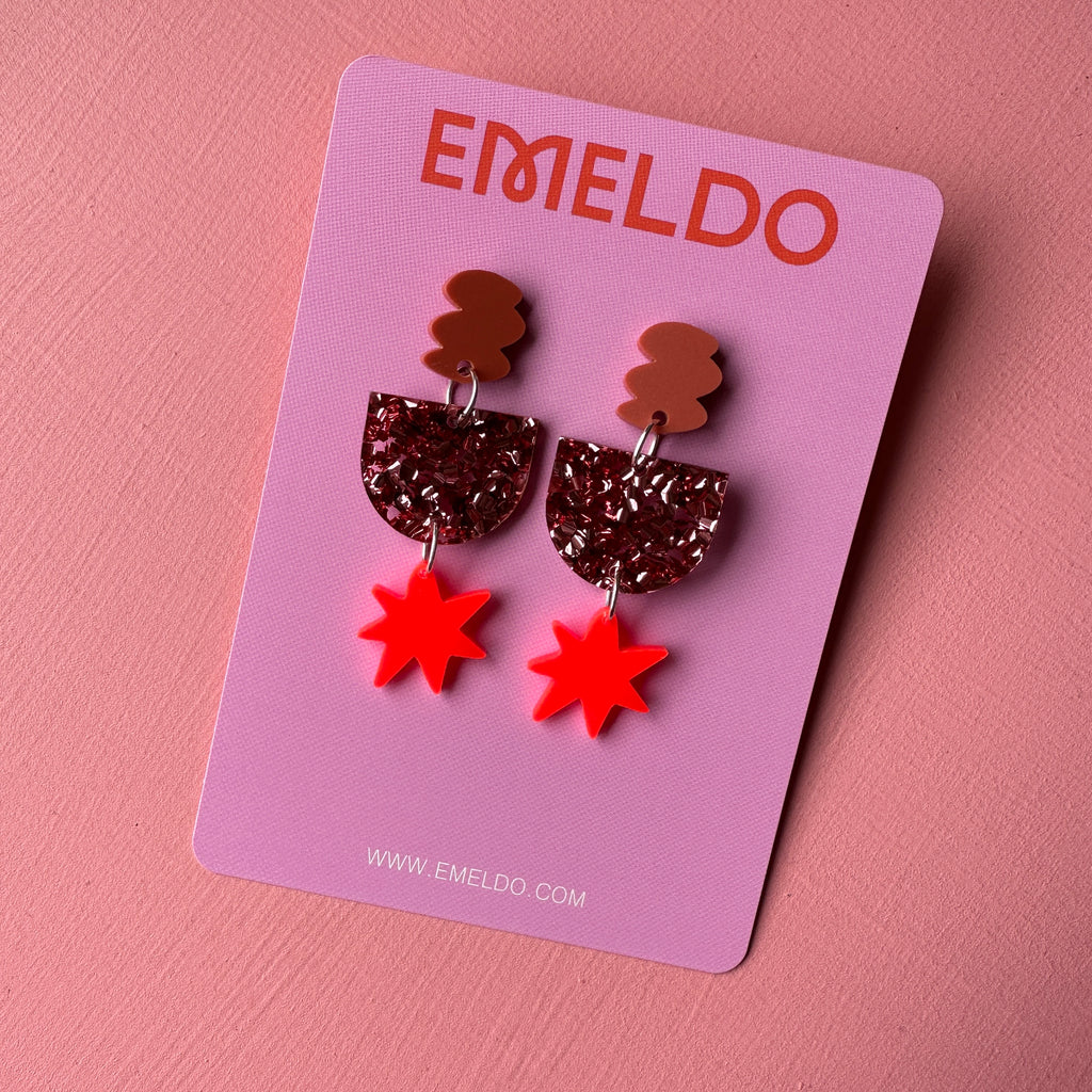 Fenella Festive Earrings // Burnt Red, Rose Glitter and Neon red starburst