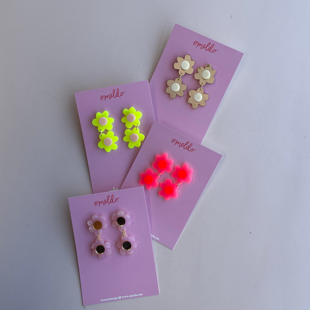 Jolene double flowers Earrings // Neon Pink