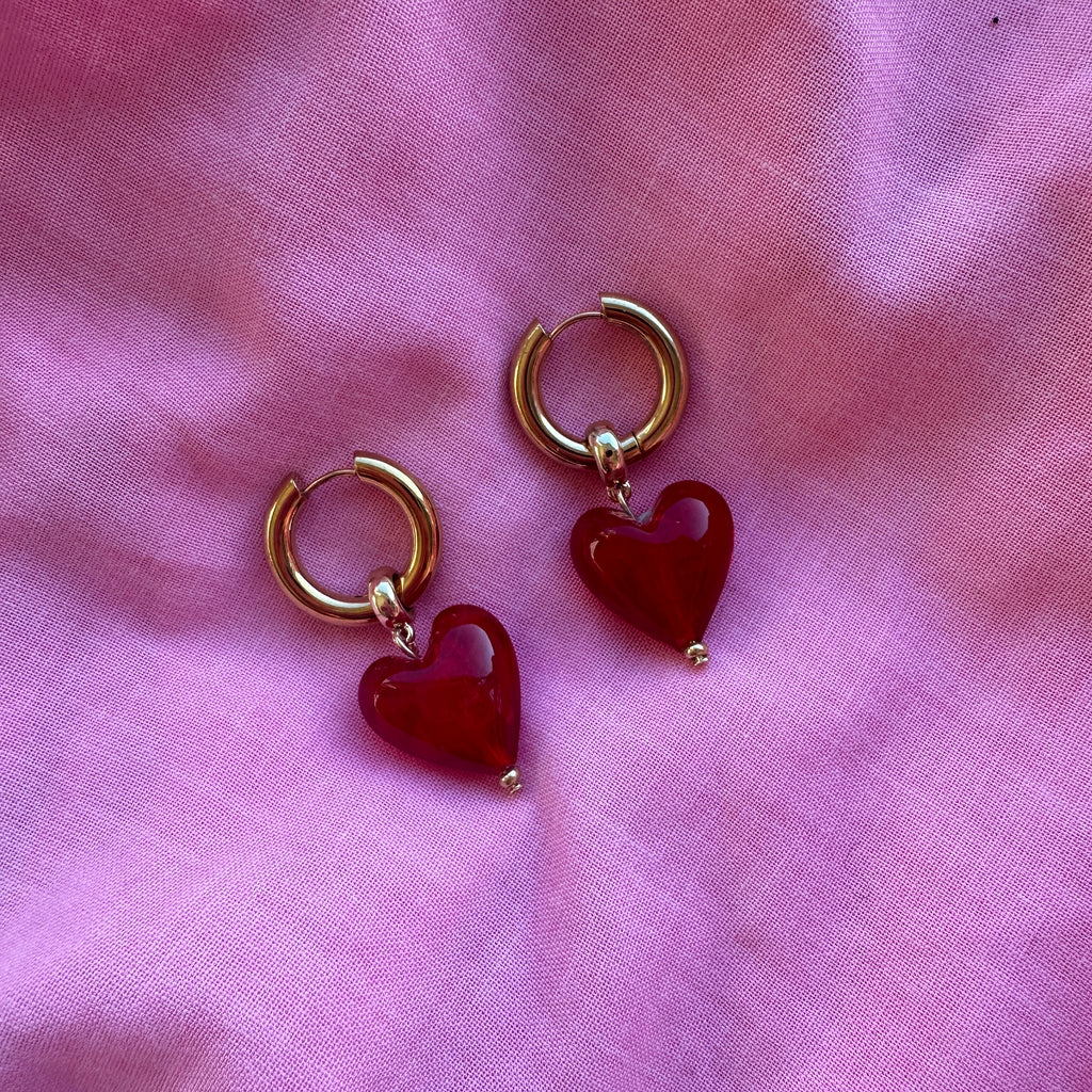 Allee Glass Heart Hoops // Red