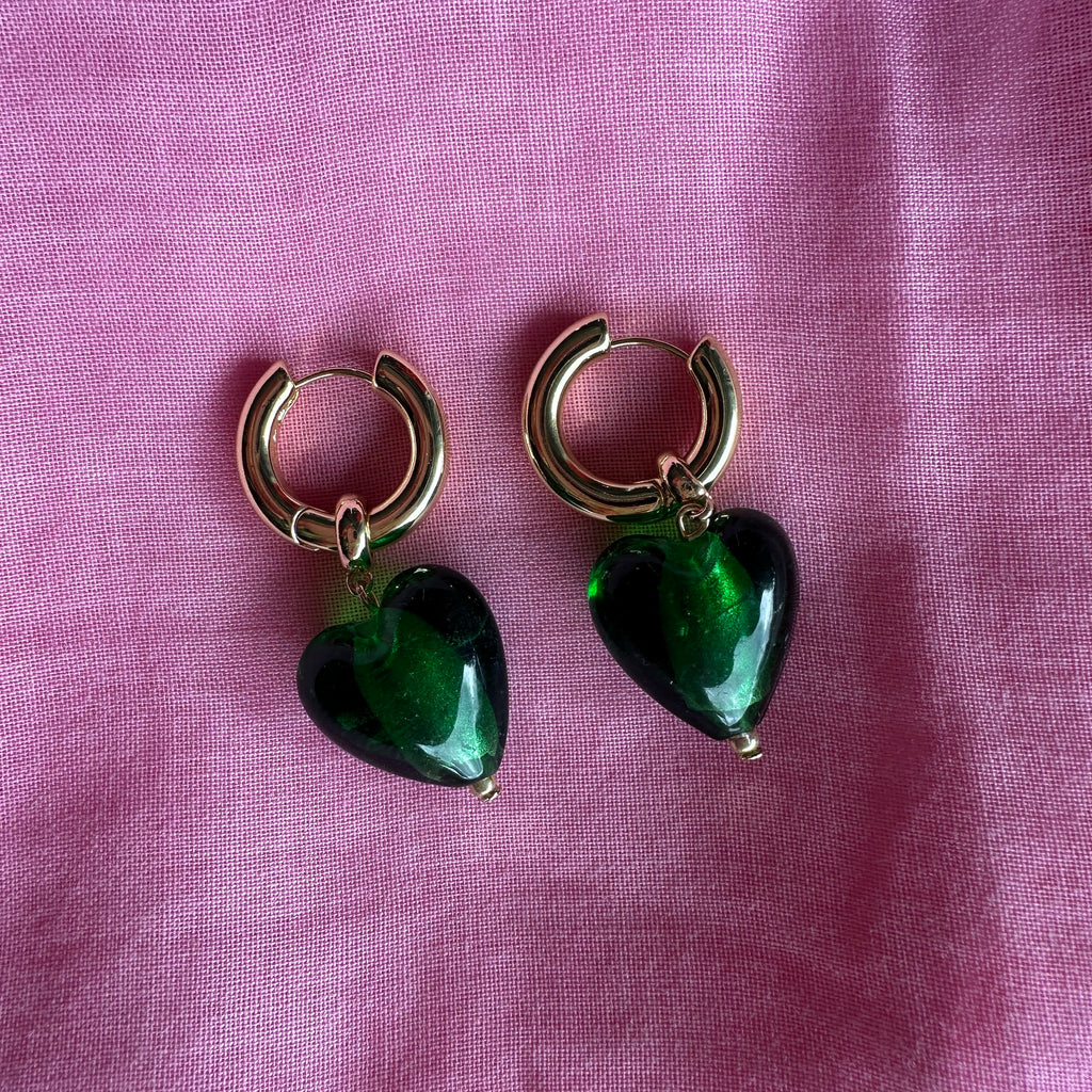Allee Glass Heart Hoops // Green