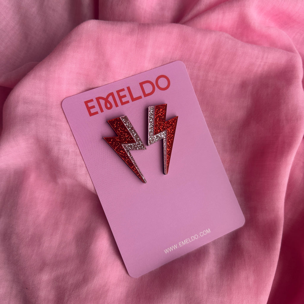 Lightning Bolt Earrings // Red and Pink Glitter