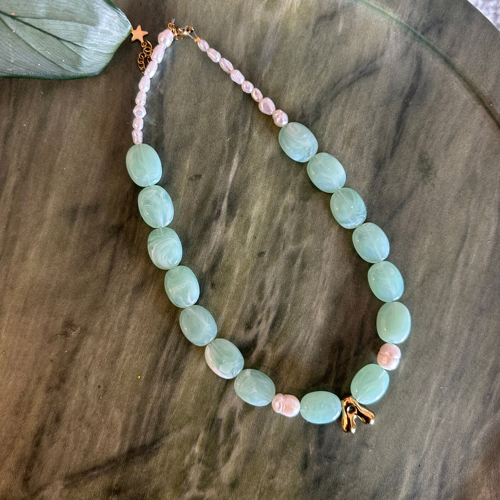 Mint Letter A necklace with round pearls - ready to ship