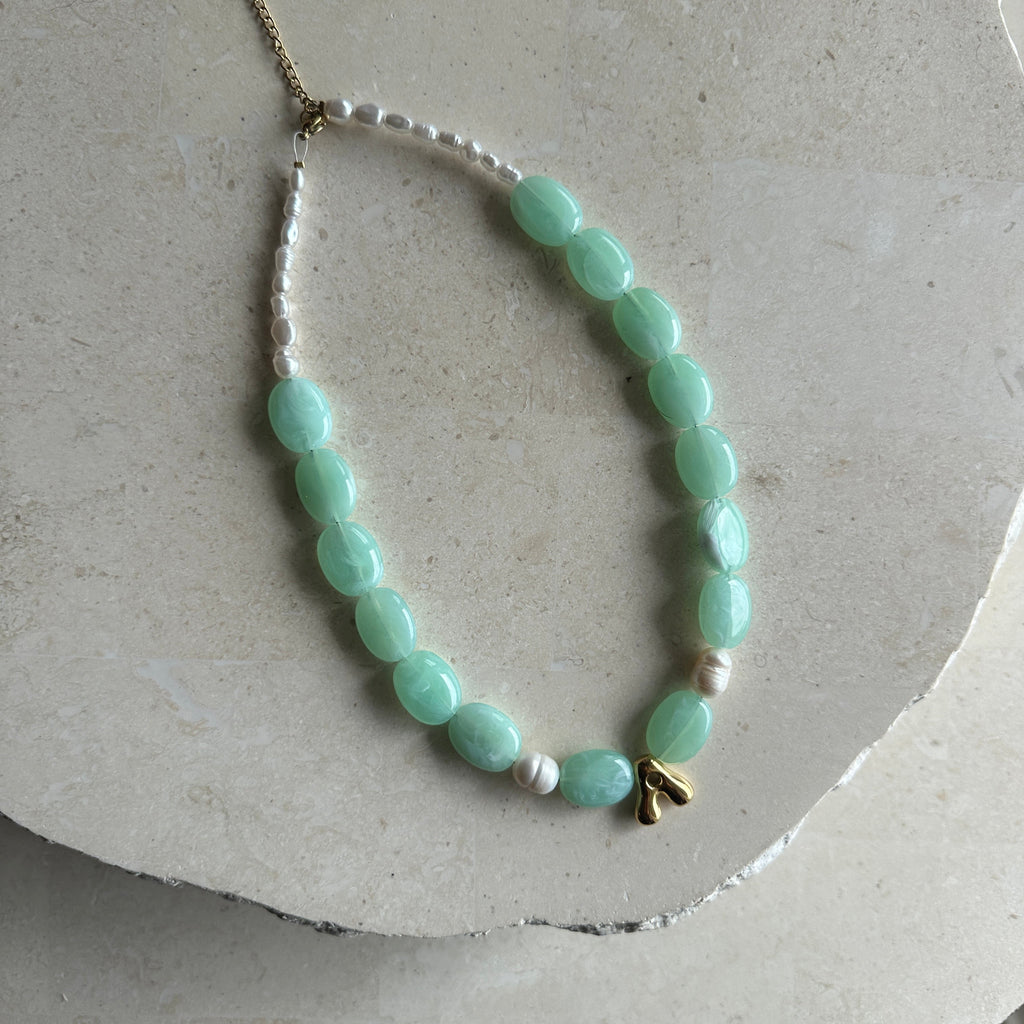 Mint Letter A necklace with round pearls - ready to ship
