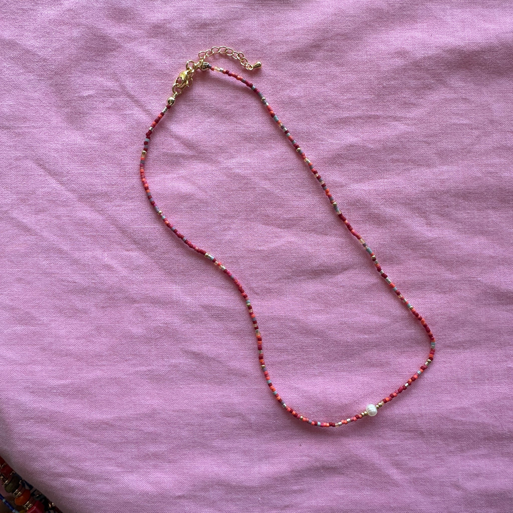 Lola Necklace // Reds and Orange with Mini Pearl