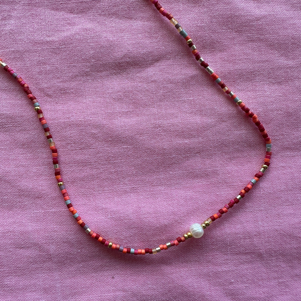 Lola Necklace // Reds and Orange with Mini Pearl