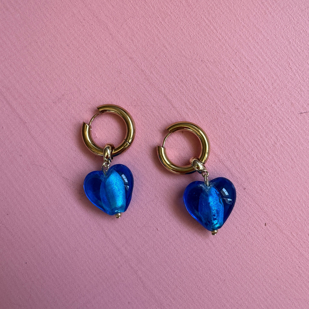 Allee Glass Heart Hoops // Blue