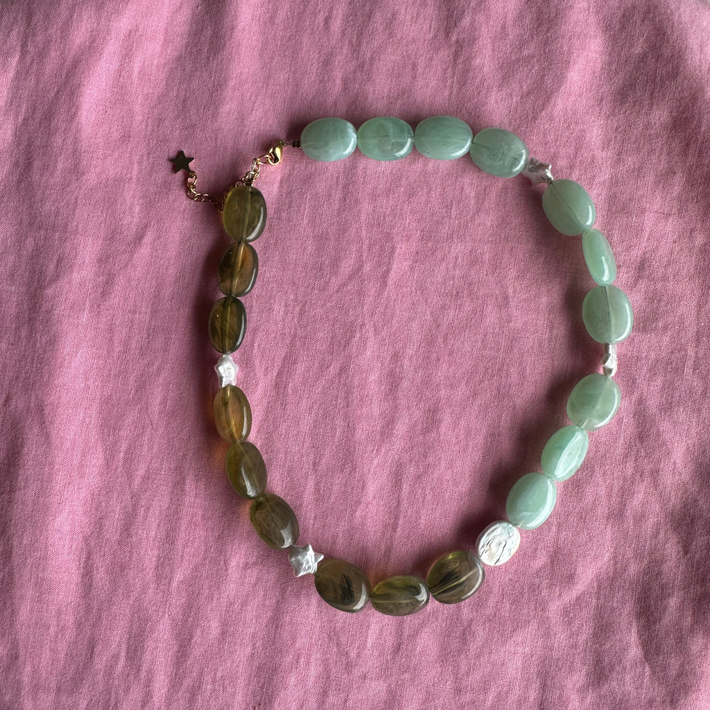 Khaki and Mint Necklace with pearls