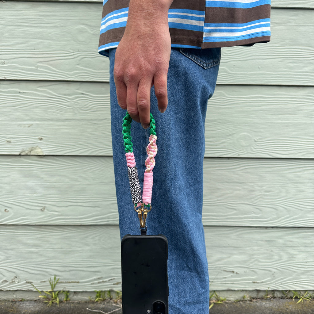 Wrist Phone Strap // Pink and Green Twister
