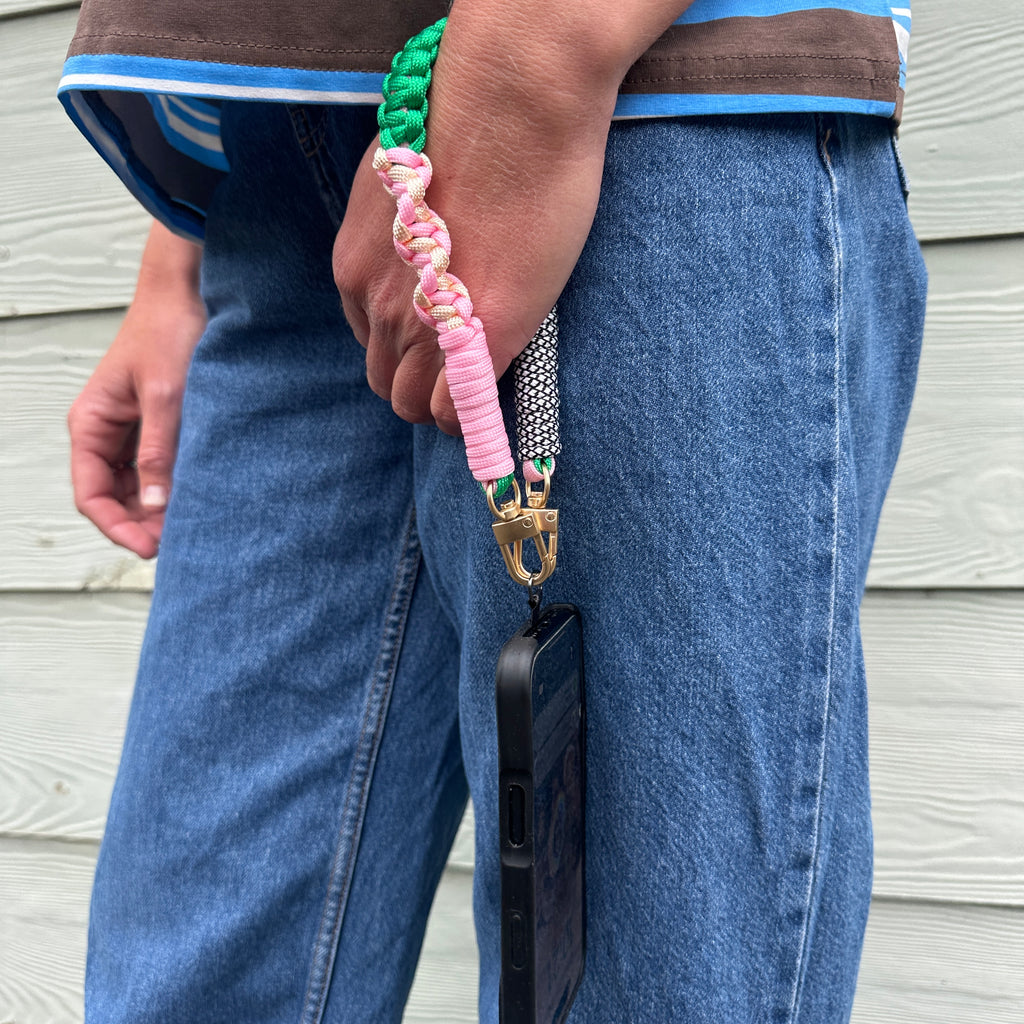 Wrist Phone Strap // Pink and Green Twister