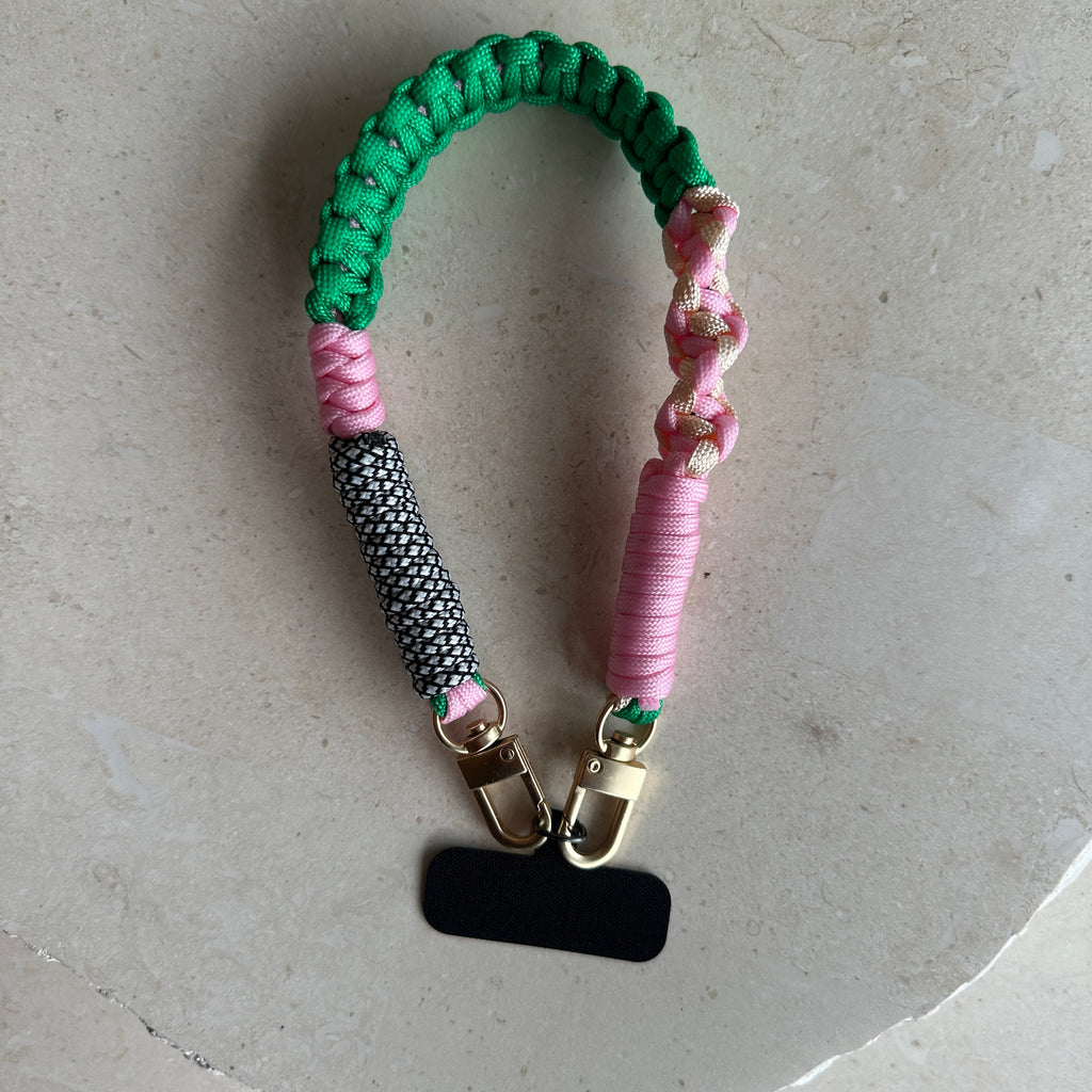 Wrist Phone Strap // Pink and Green Twister