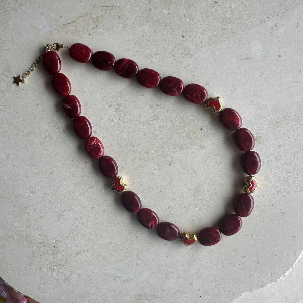 My Fave Necklace - Burgundy Mahogany with Gold Hearts