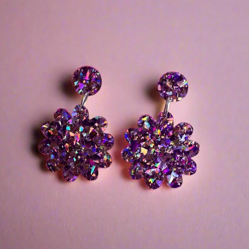 Blossom Earrings // Purple and Pink Holographic Glitter