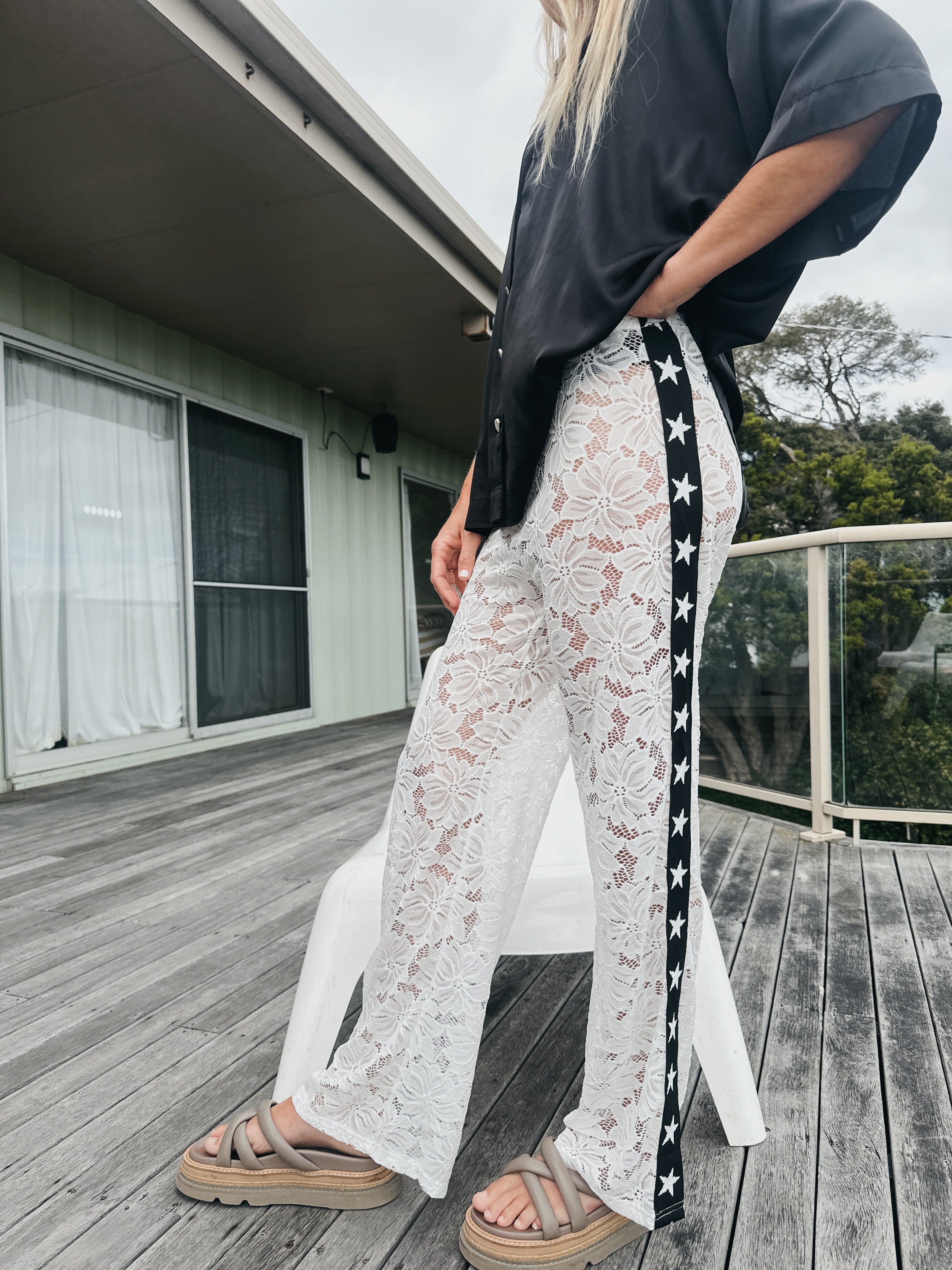 Lace Star Racer Pants - White | Emeldo