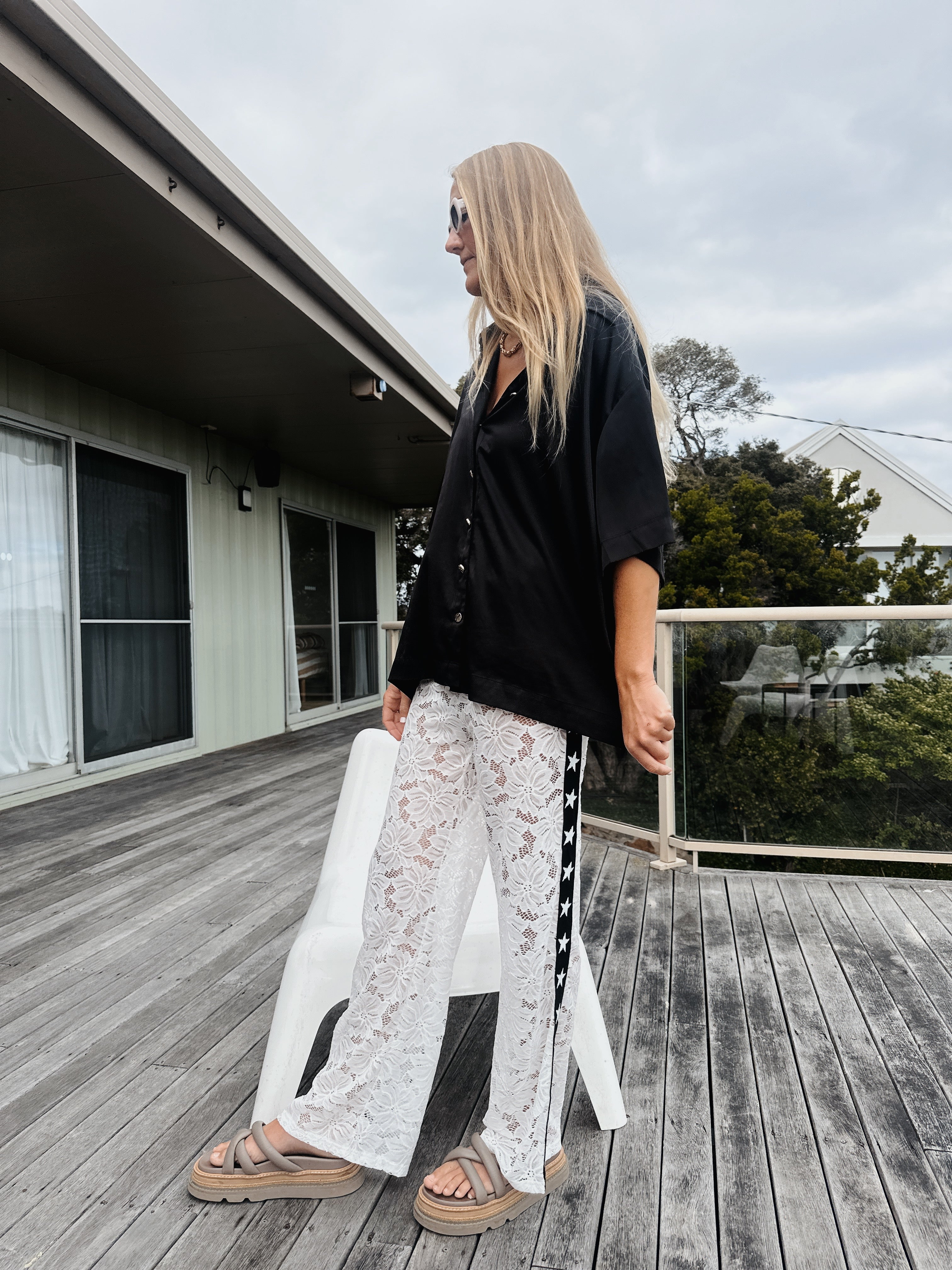 Lace Star Racer Pants - White | Emeldo