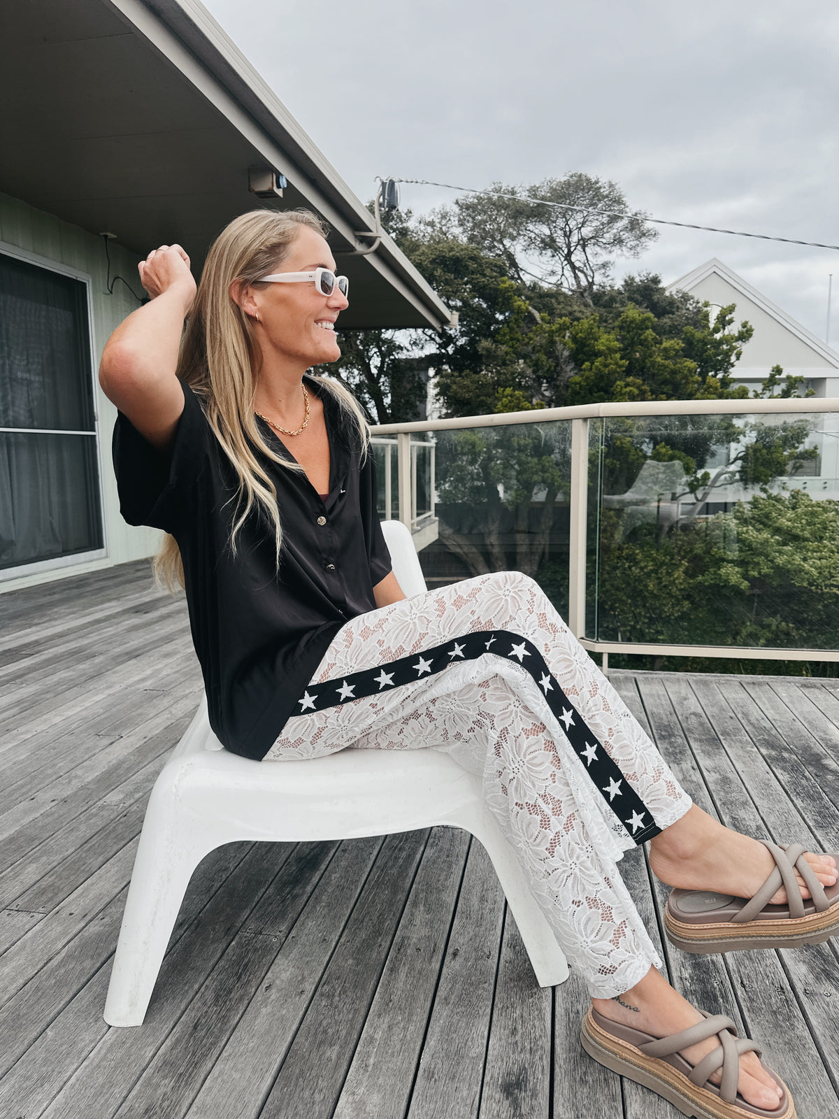 Lace Star Racer Pants - White | Emeldo