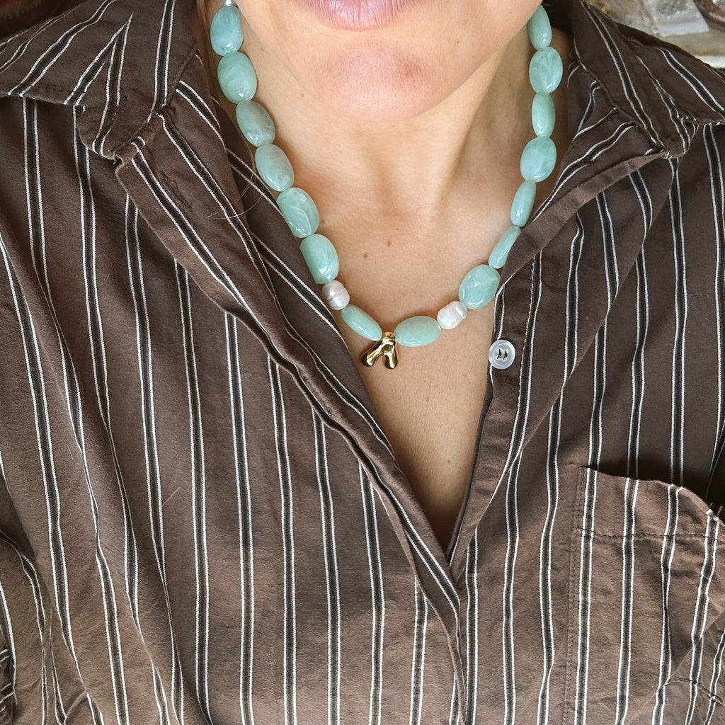 Mint Letter A necklace with round pearls - ready to ship